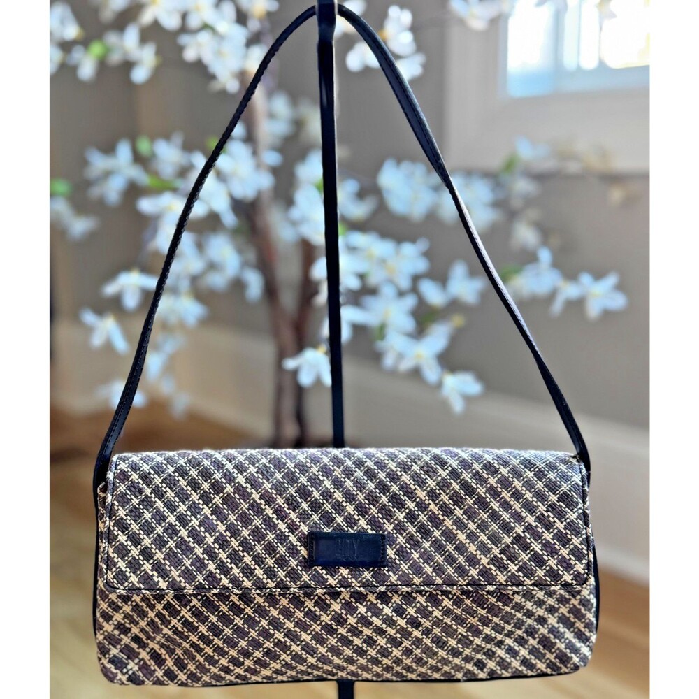 City DKNY Womens Woven Tweed Baguette Purse Black/Brown Small Shoulder Bag  Y2K